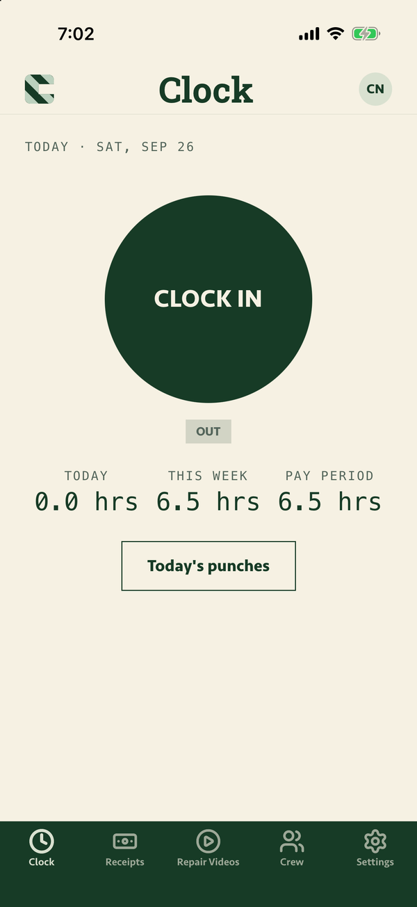 CutCrew’s Clock screen: a large Clock in button, an Out badge, and hours for today, this week and the pay period.