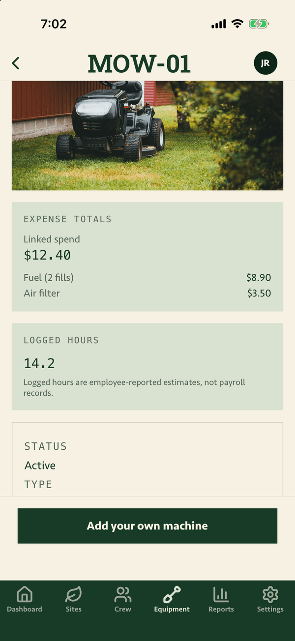 CutCrew’s screen for the demo mower MOW-01: its photo, linked spend of $12.40 split into fuel and an air filter, and 14.2 logged hours.