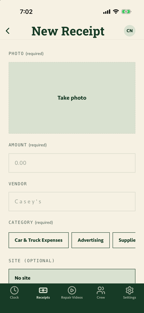 CutCrew’s New Receipt screen: a Take photo box, amount, vendor, Schedule C category buttons and an optional site.